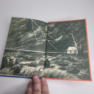 May include: Open book illustration depicting a stormy landscape with a lightning bolt, a small house, and a dead tree. The artwork is in black, white, and gray tones, with blue and orange book edges. The image evokes a sense of foreboding and drama.