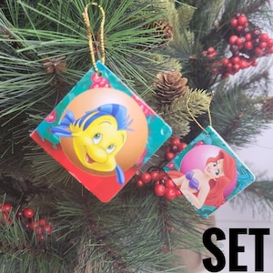 The Little Mermaid Ornament, Ariel and Flounder, Mini Disney Storybook Ornaments, Vintage Childrens Book Set, Christmas Ornament, Xmas Gift