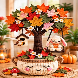 May include: A crocheted autumn tree in a smiling cream-colored basket. The tree features orange, red, and green leaves with small white flowers. A birdhouse with a small bird hangs on one side, and a white bunny sits on a swing on the other.