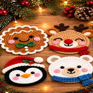 May include: Four round crochet coasters featuring holiday characters: a brown gingerbread person with a green bow tie, a tan reindeer with a red scarf, a black and white penguin in a red Santa hat, and a white polar bear with a blue scarf.