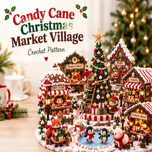 Może przedstawiać: Wzór szydełkowy zatytułowany Candy Cane Christmas Market Village przedstawiający centralnie udekorowaną choinkę, małe sklepiki z napisami Hot Cocoa, Wreaths & Flowers, Books, Ornaments i Candles & Lanterns oraz różne figurki zwierząt.