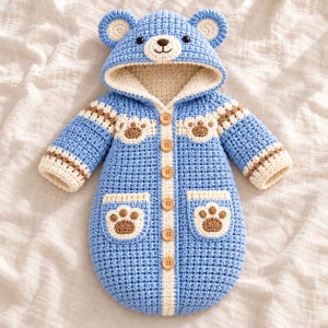 May include: A blue crochet hooded bunting bag featuring a bear face on the hood with round ears, brown paw print appliques on the chest and pockets, and a front button closure with six light brown wooden buttons and cream trim.