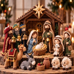 Puede incluir: Un conjunto de nacimiento de ganchillo que incluye un establo con una estrella, María, José, el niño en el pesebre, tres figuras sabias, un camello, un burro, dos ovejas y un pastor. Las figuras están hechas con hilo de varios colores.