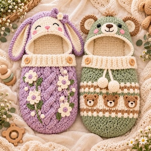 Crochet Baby Cocoon Pattern, Bunny & Bear Sleeping Sack PDF, Newborn Photo Prop, Baby Shower Gift, Digital Download