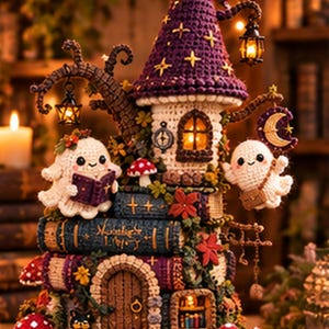 Puede incluir: Una estructura de torre de ganchillo construida con libros apilados con un techo cónico morado, que presenta dos pequeñas figuras de fantasmas blancos, una sosteniendo un libro morado y la otra con un bolso, adornada con linternas, setas y follaje.