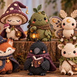 Pode incluir: Uma coleção de seis figuras de crochê, incluindo um personagem com chapéu de cogumelo, uma criatura verde de folhas com uma lanterna, uma mariposa com asas estampadas, uma raposa com capa, um pássaro preto com um livro e um cervo com chifres florais.