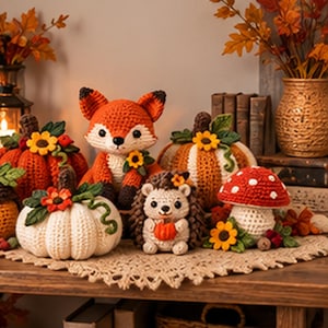 Puede incluir: Una colección de figuras de ganchillo con temática otoñal que incluye un zorro naranja brillante, un pequeño erizo que sostiene una calabaza diminuta, una seta roja con puntos blancos y dos calabazas en blanco y naranja, decoradas con girasoles.