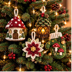 May include: Four crocheted Christmas ornaments hanging on a tree: a red and white mushroom house, a brown lantern with green pine scales, a red and white poinsettia flower, and a green mitten decorated with small mushrooms and an acorn.