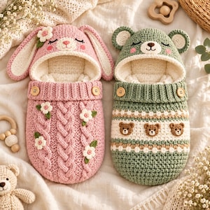 Virkat babykokongmönsterpaket, kanin- och björnfotorekvisita, virkad sovsäck för baby i PDF-format, babyshowerpresent, digital nedladdning