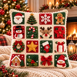 Christmas Crochet Pillow Pattern, 16 Holiday Motif Squares, Santa Reindeer Snowman Gingerbread Cushion Cover, PDF Download