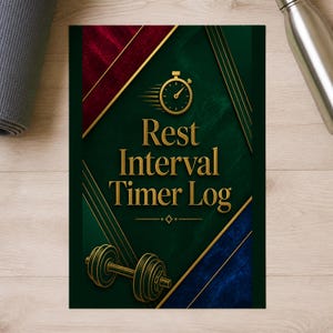 May include: A rectangular log book cover featuring a dark green background with gold diagonal lines, a gold stopwatch icon, and the gold text "Rest Interval Timer Log" centered above a gold dumbbell illustration at the bottom.