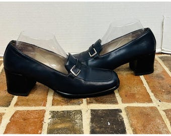 Vintage 90s Y2K Navy Blue Loafer Pumps Chunky Square Toe Block Heel Women's 9