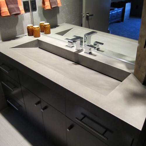 Concrete Vanity With Zero Depth Basin Slot Drain - Fiberglass Trough Bathroom Sink Concrete Vanity With Zero Depth Basin Slot Drain - Fiberglass Trough Bathroom Sink