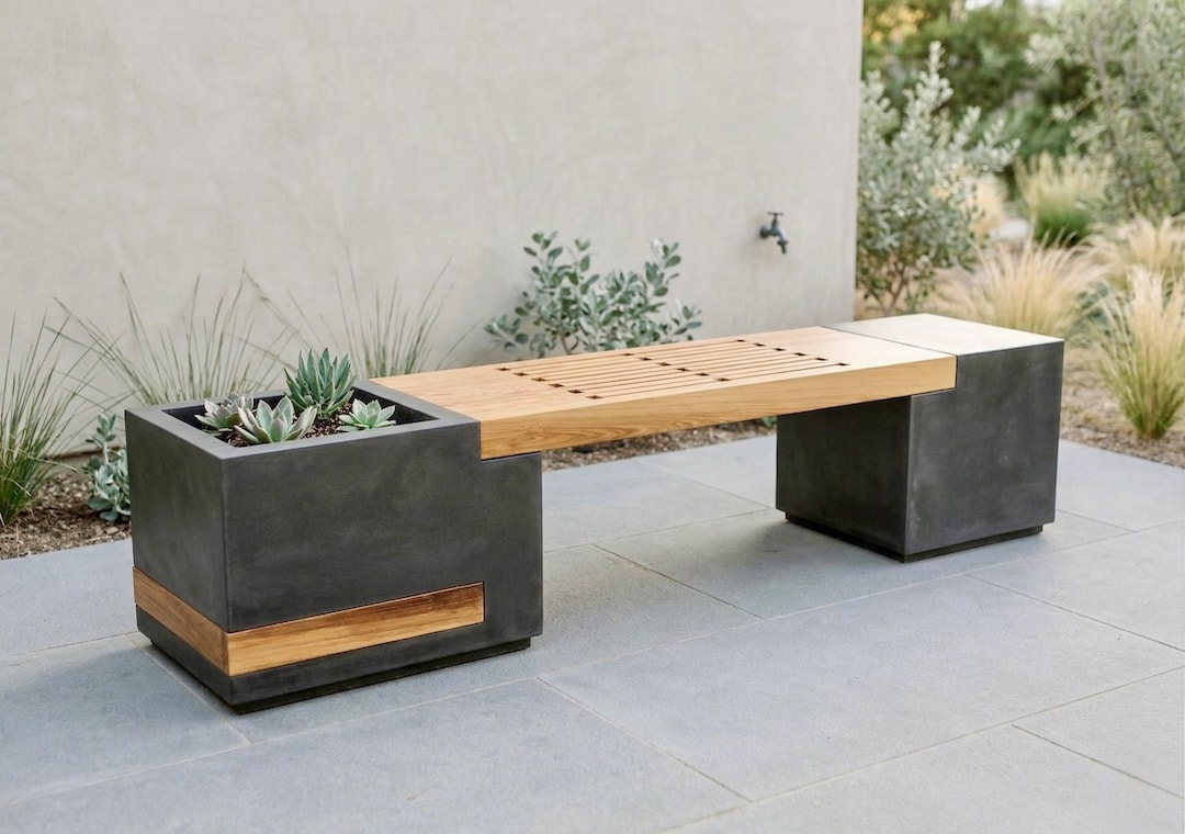 Custom Concrete Planter Bench | Modern Indoor Outdoor Garden Bench - Etsy