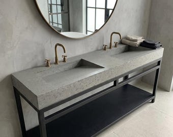 Concrete Double Ramp Vanity Sink On Steel Base | Modern Concrete Bathroom