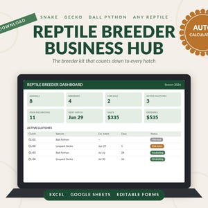 May include: A digital dashboard titled Reptile Breeder Business Hub displayed on a screen. The interface features sections for animals, breeders, sales, expenses, and active clutches with data for ball pythons and leopard geckos for season 2026.