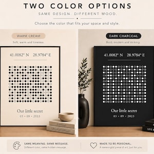 May include: Two framed wall art prints featuring coordinates 41.0082 N 28.9784 E, a grid of black and white circles, and the text Our little secret 05 09 2023. One print has a warm cream background, and the other has a dark charcoal background.