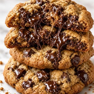May include: A stack of three round chocolate chip cookies with a golden-brown texture. The top two cookies are broken in half, revealing a soft, gooey, melted dark chocolate center with visible strands of melted chocolate stretching between them.