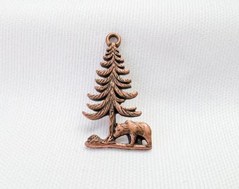 Bear Pine Tree Charm Antique Copper Forest Pendant 38x20mm SF105M37