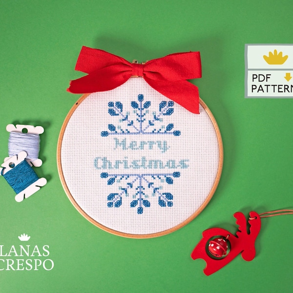 Merry Christmas Embroidery Pattern, Snowflake Cross Stitch, Holiday Ornament, Christmas Pattern, Modern Cross Stitch  - PDF Instant Download