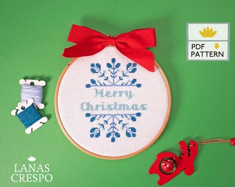 Merry Christmas Embroidery Pattern, Snowflake Cross Stitch, Holiday Ornament, Christmas Pattern, Modern Cross Stitch  - PDF Instant Download