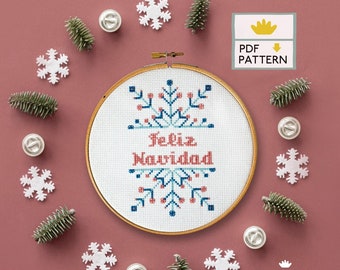Feliz Navidad Embroidery Pattern, Snowflake Cross Stitch, Holiday Ornament, Hand Embroidery Hoop Art, Christmas Snowflake - PDF Download