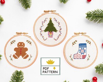 Cross Stitch Christmas Ornament, Modern Christmas Cross Stitch, Embroidery Holiday Ornament, Mini Christmas Decor - PDF Instant Download