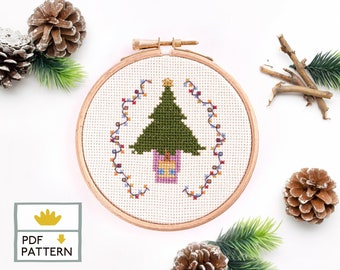 Christmas Tree Embroidery Pattern, Christmas Tree Fairy Lights Cross Stitch, Holiday Ornament, Modern Cross Stitch  - PDF Instant Download