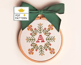 ABC Christmas Monogram Cross Stitch Pattern, Alphabet Monogram Christmas Embroidery Pattern, Christmas Monogram Ornament - PDF Printable