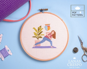 Yoga Cross Stitch Pattern, Yoga Cross Stitch, Meditation Embroidery Pattern, Jivamukti Cross Stitch, Modern Cross Stitch, Modern Girl -PDF-