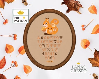 Autumn Sampler Cross Stitch Pattern, Sampler Cross Stitch, Sampler Alphabet, Alphabet Cross Stitch, Squirrel Cross Stitch Pattern -PDF-