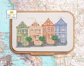 San Francisco Victorian Houses Cross Stitch Pattern - Victorian Painted Houses Cross Stitch Chart - San Francisco Houses Cross Stitch - PDF