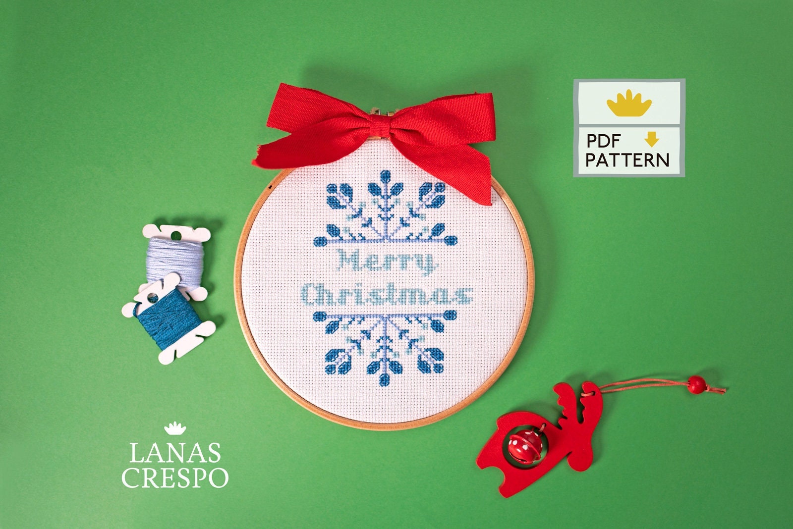 Merry Christmas Embroidery Pattern, Snowflake Cross Stitch, Holiday Ornament, Christmas Pattern, Modern Cross Stitch  - PDF Instant Download