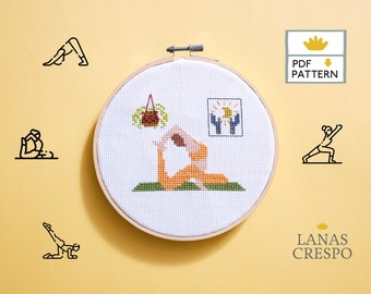 Rajakapotasana Cross Stitch Pattern, Yoga Cross Stitch, Meditation Embroidery Pattern, Asana Cross Stitch Pattern, Modern Girl -PDF-