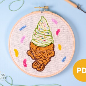 Puede incluir: Un cono de helado verde y blanco en un cono de gofre taiyaki marrón con chispas de colores. El helado está en un aro de bordado de madera sobre un fondo azul claro. La palabra "PDF" está en un círculo amarillo en el lado derecho de la imagen.
