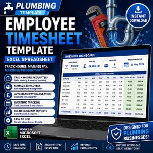 May include: A digital plumbing employee timesheet template for Microsoft Excel displayed on a laptop screen. The graphic features a blue background with metal pipes, a red pipe wrench, and text detailing features like automatic pay calculation.