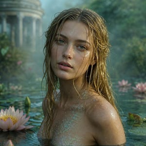 Könnte beinhalten: Eine Person mit langem, nassem, blondem Haar und hellen Augen, die teilweise in einem Teich untergetaucht ist. Die Haut an Brust und Schultern weist eine subtile, schillernde, schuppenartige Textur auf. Rosa Seerosen und Blätter schwimmen.