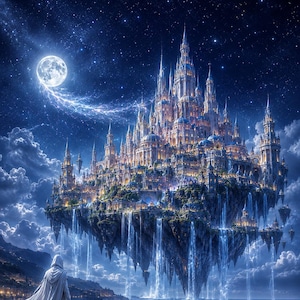 Puede incluir: Una figura con una capa blanca con capucha se encuentra en un acantilado oscuro frente a un vasto océano. Arriba, un castillo enorme y ornamentado flota en el cielo nocturno, iluminado por luces doradas, con cascadas que caen al mar.