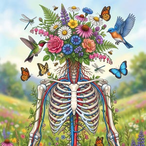 Può includere: Un torso scheletrico umano con arterie rosse e vene blu visibili, sormontato da un vibrante bouquet di fiori selvatici colorati. Un colibrì, un uccello azzurro e diverse farfalle e libellule circondano la composizione floreale.