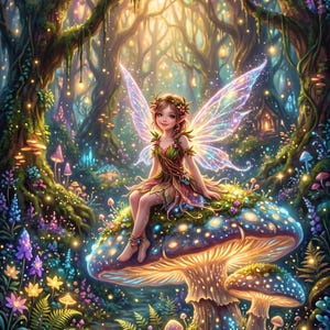 Könnte beinhalten: Eine Fee mit schillernden Flügeln sitzt auf einem großen, leuchtenden, blau gepunkteten Pilz in einem dichten Wald. Die Figur trägt ein Kleid mit grünem Blattmuster und einen Blumenkranz, umgeben von biolumineszenter Flora und goldenem Licht.