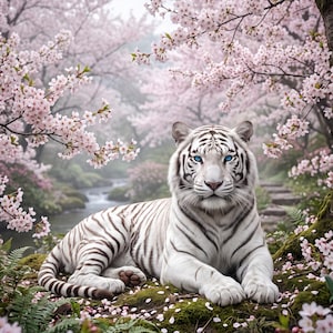 Pode incluir: Um tigre branco com listras pretas e olhos azul-brilhantes descansando em um solo coberto de musgo e flores. O tigre está cercado por cerejeiras em flor com pétalas rosa-claras, com um pequeno riacho visível ao fundo.