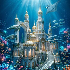 May include: An underwater scene featuring a white stone castle with gold-domed towers, arched entryways, and a grand staircase. The structure is surrounded by a vibrant coral reef, sea turtles, a manta ray, dolphins, and various tropical fish.