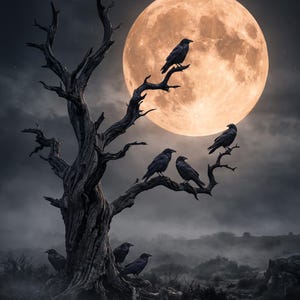 Może przedstawiać: Duże, bezlistne i sękate drzewo stoi na tle ciemnego, mglistego nocnego nieba, oświetlonego przez ogromny, świecący na pomarańczowo księżyc w pełni. Kilka czarnych kruków siedzi na powyginanych, nagich gałęziach oraz u podstawy pnia drzewa.