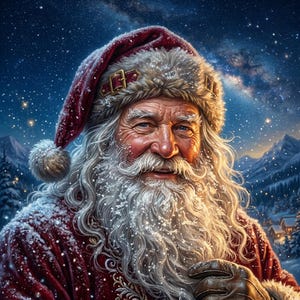 Könnte beinhalten: Der Weihnachtsmann mit langem weißen Bart und Schnurrbart, bekleidet mit einem roten Samtmantel mit Goldstickerei und einer passenden Mütze mit Pelzbesatz. Die Figur trägt braune Lederhandschuhe, wobei Schnee auf der Kleidung und im Bart liegt.