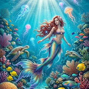 Puede incluir: Una ilustración digital de una sirena con largo cabello rojo y una cola iridiscente y brillante nadando en un vibrante arrecife de coral. La escena incluye dos tortugas marinas, varios peces tropicales coloridos y varias medusas brillantes.