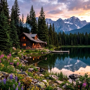 Può includere: Una rustica baita in legno con finestre illuminate e fumo che esce dal camino si trova accanto a un lago calmo. Alti alberi sempreverdi circondano la baita, con montagne innevate in lontananza. Fiori selvatici viola e gialli crescono in primo piano.
