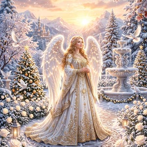 May include: A central angel figure with large white wings wears a long white gown featuring intricate gold embroidery. The scene includes a snow-covered garden with a stone fountain, decorated Christmas trees, white roses, and white doves.