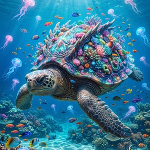 May include: A sea turtle swims through clear blue water, its shell covered in vibrant, multi-colored coral formations. The scene includes numerous small tropical fish in shades of orange, blue, and yellow, alongside several translucent pink jellyfish.