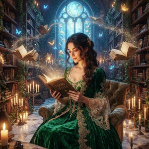 Può includere: Una persona che indossa un abito lungo in velluto verde smeraldo a maniche lunghe, con intricati dettagli in pizzo dorato e maniche svasate, che tiene in mano un libro aperto intitolato Stars Spells in una biblioteca con libri fluttuanti.