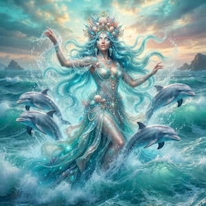 Puede incluir: Una figura con largo cabello azul claro ondeante que lleva una corona de conchas y coral, vestida con un traje azul claro adornado con perlas y conchas, de pie entre olas del océano con tres delfines grises saltando del agua.